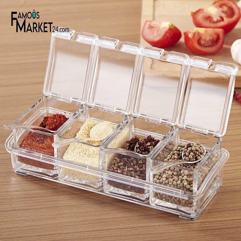 STUTI WORLD_ Crystal Seasoning Box Seasoning Rack Spice Pots Crystal  Seasoning Acrylic Box Pepper Salt Spice Rack Plastic 4 Box with Spoons  Kitchen